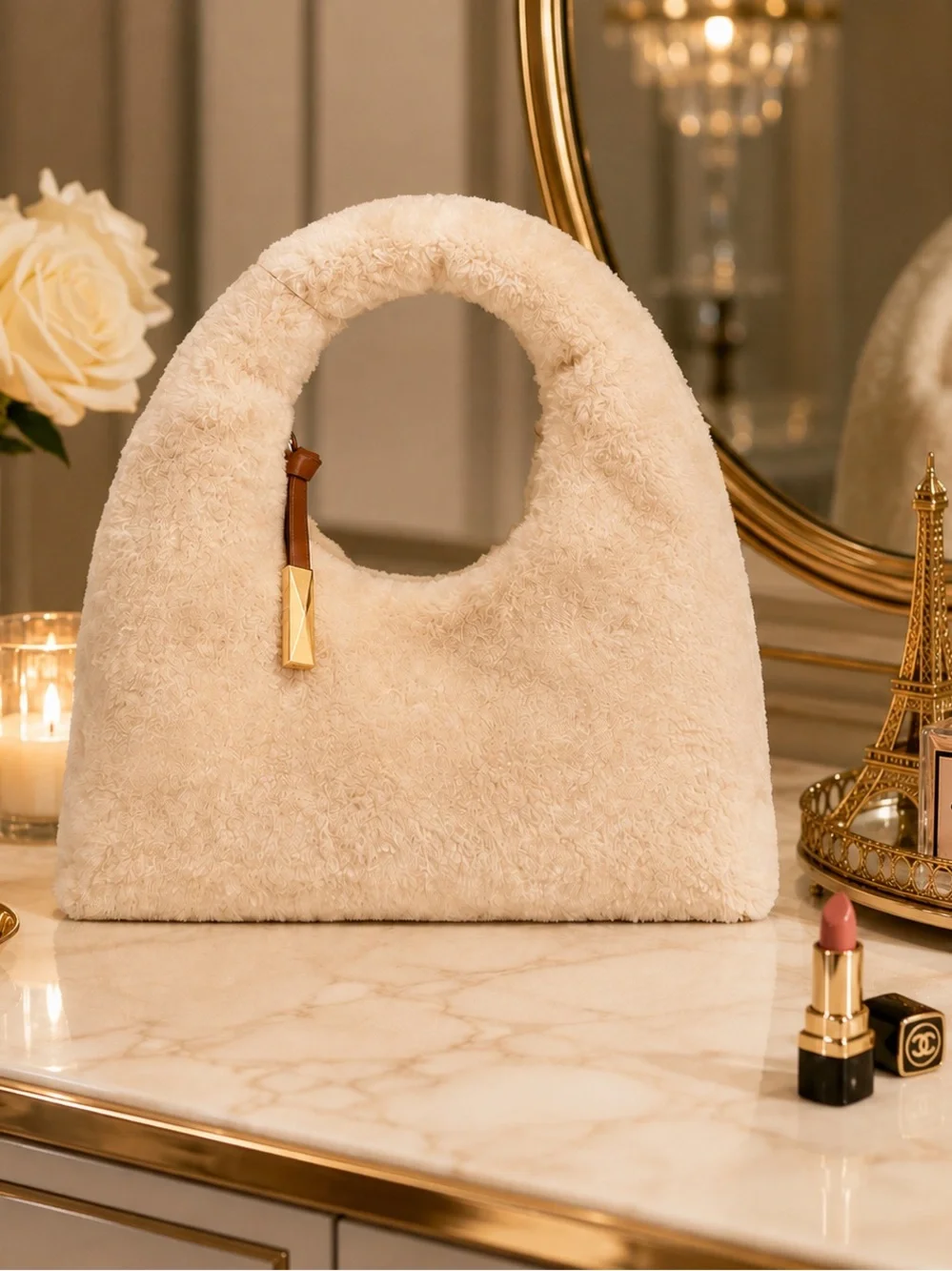 I.N.C. International Concepts Nyrah Faux Fur Hobo Bag Cream Cozy Winter NWT